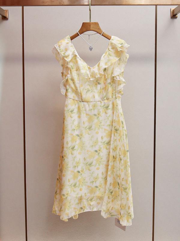 ワンピース レディース 韓国風 かわいい 夏 Vネック 小花柄 シフォン Aライン 半袖 ミニワンピース リゾート 通勤 デート 高見え イエロー|シャドーテール