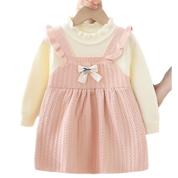 子供服 ニット カーディガン 女の子 花柄 レース 丸首 フェイクレイヤード ニットワンピース かわいい 女児 ベビー ニット トップス 春秋 冬 80cm 90cm 100cm 110cm 120cm 赤 ピンク系 グリーン系 ベージュ系 コットン