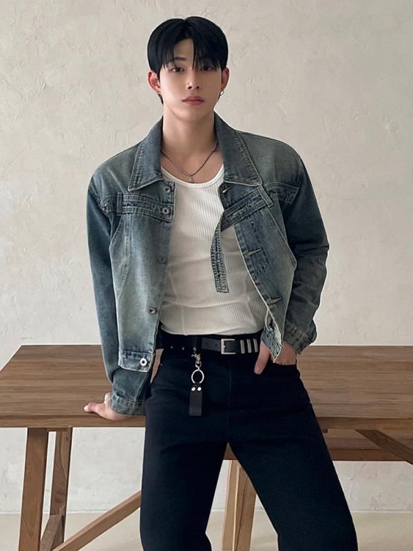 ジャケット 男性用 デニム ウォッシュ加工 翻襟 長袖 ブルゾン ゆったり リラックスフィット カジュアル 韓国風 青色 M L XL 2XL｜シャドーテール