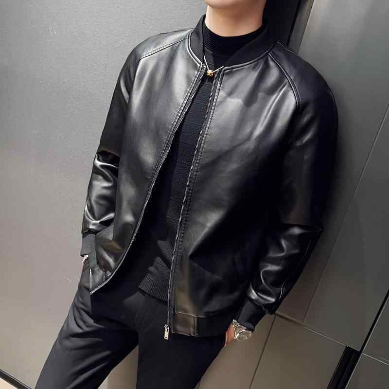 メンズ 皮革ジャケット 棒球襟 ライダーススタイル 合体型 立領 ジッパー フライトジャケット 秋冬 厚手 暖か 加厚 PVC PU皮 ポリエステル裏地 免? ステッチ サイドポケット ストレートヘム ブラック 青年 ゆったり 耐久 軽量 騎乗服 ライデ