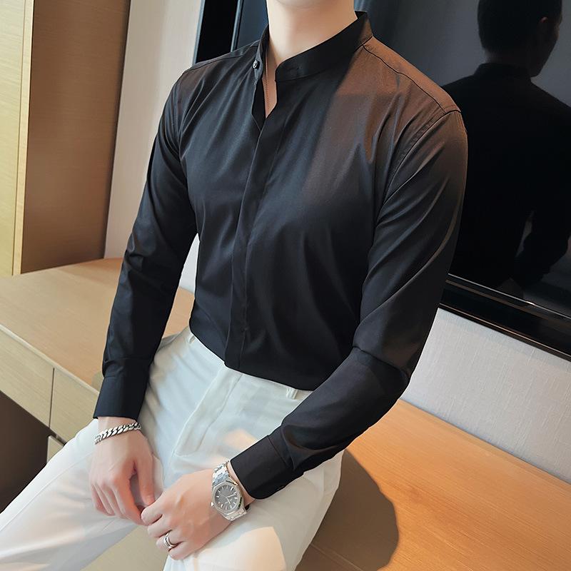 シャツ メンズ 男性用 長袖シャツ 立襟 微ストレッチ スリム ストライプ柄 形態安定 黒 白 グレー ブルー ポリエステル混紡 秋