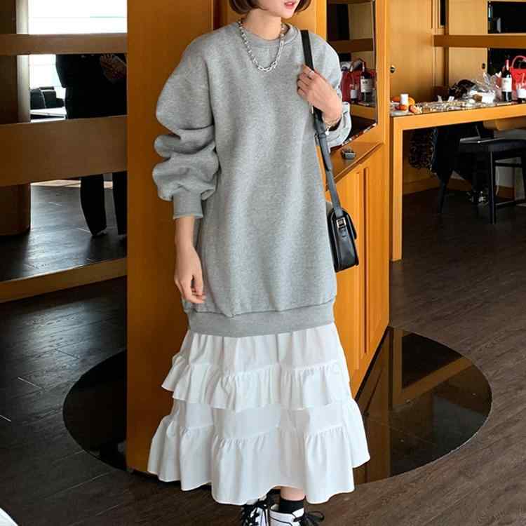 ワンピース レディース 韓国風 ゆったり 裾フリル 切り替え 灰色 カーキ色 ドロップショルダー 長袖 ロング丈 コットン混紡 日韓カジュアル 旅行 リゾート 普段使い デート