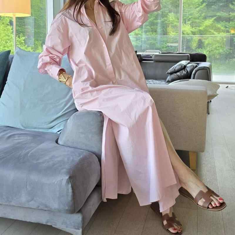 ワンピース レディース 春夏 韓国風 リゾート Aライン ロング丈 シャツワンピース 長袖 POLO襟 ゆったりサイズ コットン 休日 お洒落