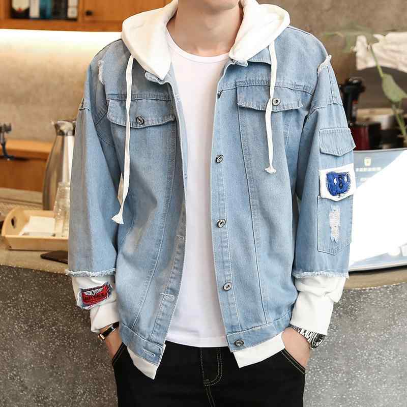 ジャケット 男性用 デニムジャケット 春秋 韓国風 ダメージ加工 フード付き Gジャン ライトブルー ダークブルー