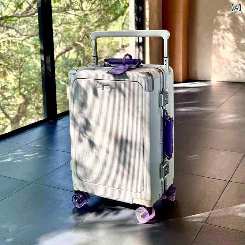旅行 スーツケース アルミフレーム 前開き キャスター 手提げ キャリーバッグ ユニセックス PC素材 軽量 耐久性 抗菌 ブレーキ機能 USB充電 スーツケース内 ドライウェット分離 万向輪 シンプル ポリエステル内張り ストライプ柄 ビジネス 旅行用