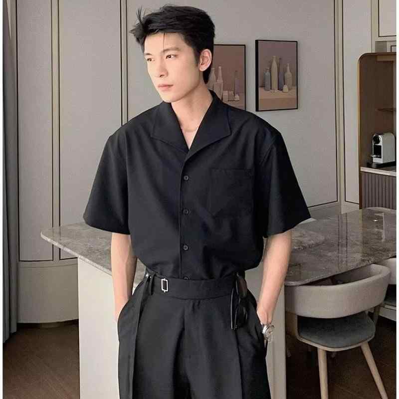 シャツ 男性用 ポリエステル 開襟シャツ 黒 半袖シャツ 普段使い トップス 接触冷感