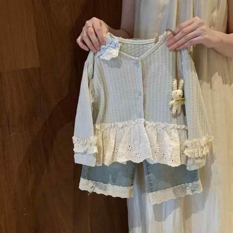 子供服 女の子 春秋 セットアップ 花柄レース カーディガン デニムパンツ 上下セット 2点セット かわいい おしゃれ ガールズ カジュアル
