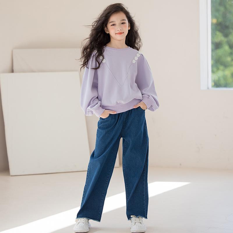 キッズ デニム パンツ セットアップ 女の子 子供服 スウェット トレーナー ワイドレッグパンツ 2点セット 綿 春秋
