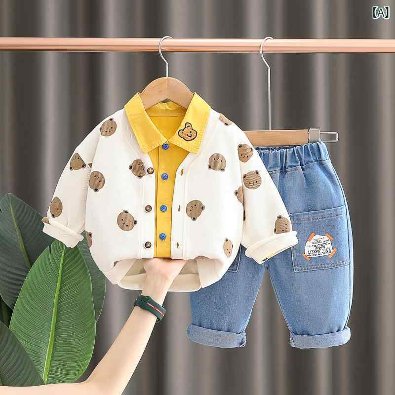 子供服 セットアップ ベビー服 上下セット 長袖シャツ デニムパンツ 3点セット かわいい カジュアル 男の子 女の子 幼児 1歳 2歳 3歳 春秋 ベージュ グリーン 綿90%