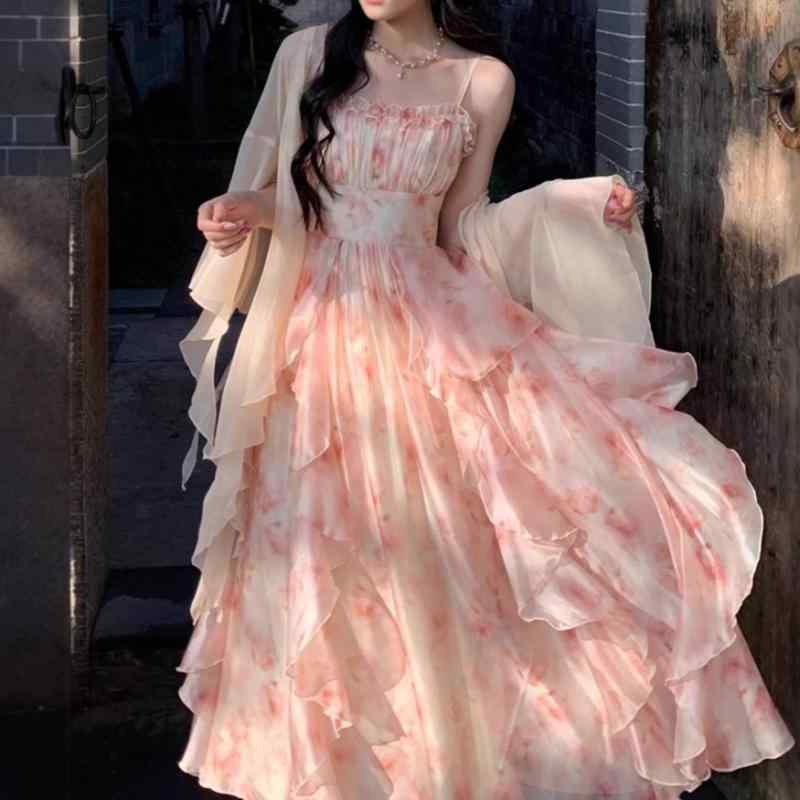 ワンピース レディース 春夏 韓国風 高腰 Vネック ノースリーブ ロングワンピース 妖精 フェミニン かわいい ギャザー フリル ポリエステル ゆったり リゾート 普段使い
