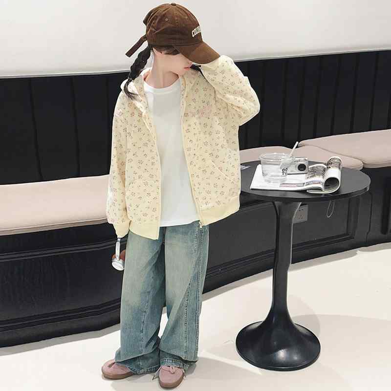 キッズ 女の子 花柄 フード付き ジャケット デニム ワイドパンツ セットアップ 子供服 アウター トップス パンツ 上下セット 120 130 140 150 160 170