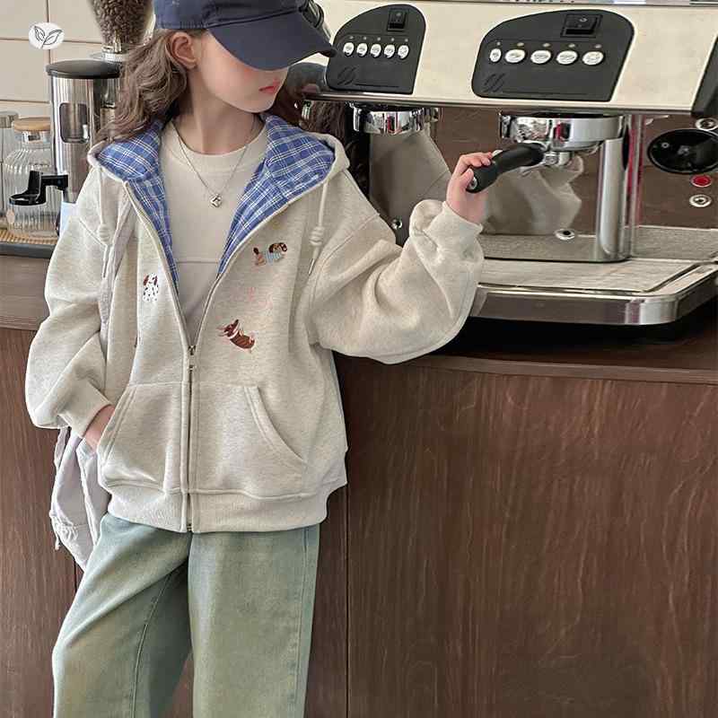 キッズ ガールズ パーカー 春秋物 中大童 長袖 アウター 格子柄 刺繍 あったか 裏起毛 ブルゾン デニムパンツ 上下 2点セット