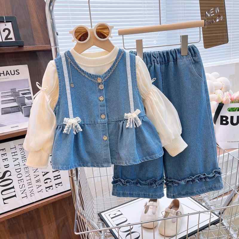 子供服 3点セット デニムベスト付きトップス 長ズボン かわいい女児服 春秋 普段使い お出かけ(x3)