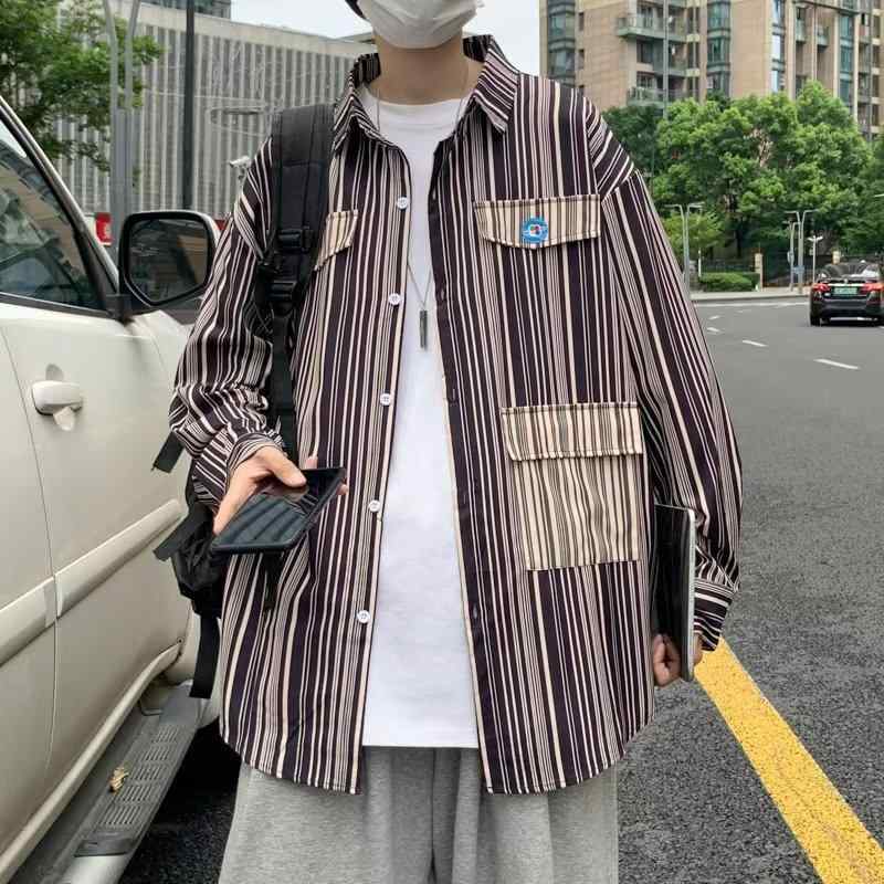 シャツ メンズ 長袖 ストライプ 切り替え トップス ルーズフィット 秋物 カジュアル 男性用 普段使い