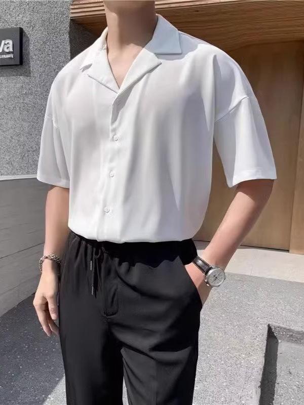 シャツ メンズ 半袖 開襟 キューバシャツ ポリエステル 無地 薄手 涼しい カジュアル 韓国風 ストリートファッション トップス 黒 白