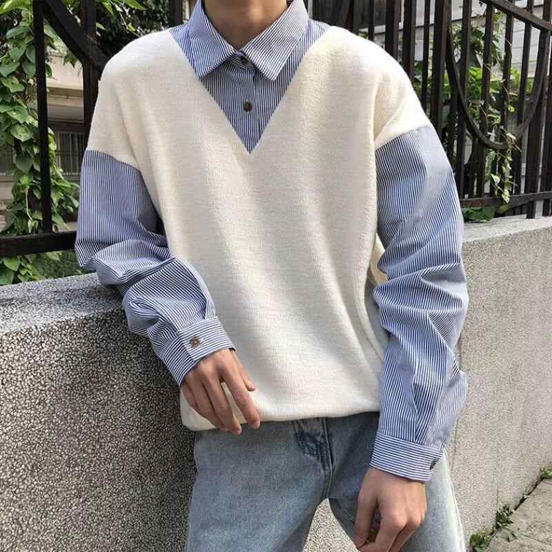 シャツ メンズ 長袖 春秋 韓国風 ニット 切り替え トップス 配色 ポリエステル 普段使い カジュアル