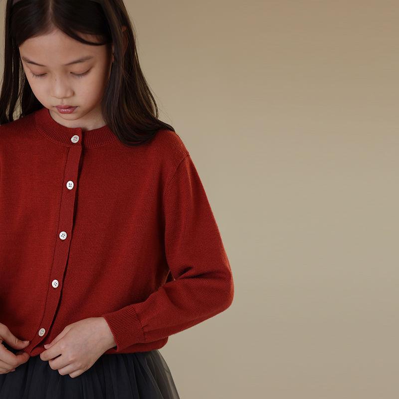 子供服 ニット カーディガン 女の子 海棠レッド レトロ セーター ラウンドネック ドロップショルダー ポリエステル
