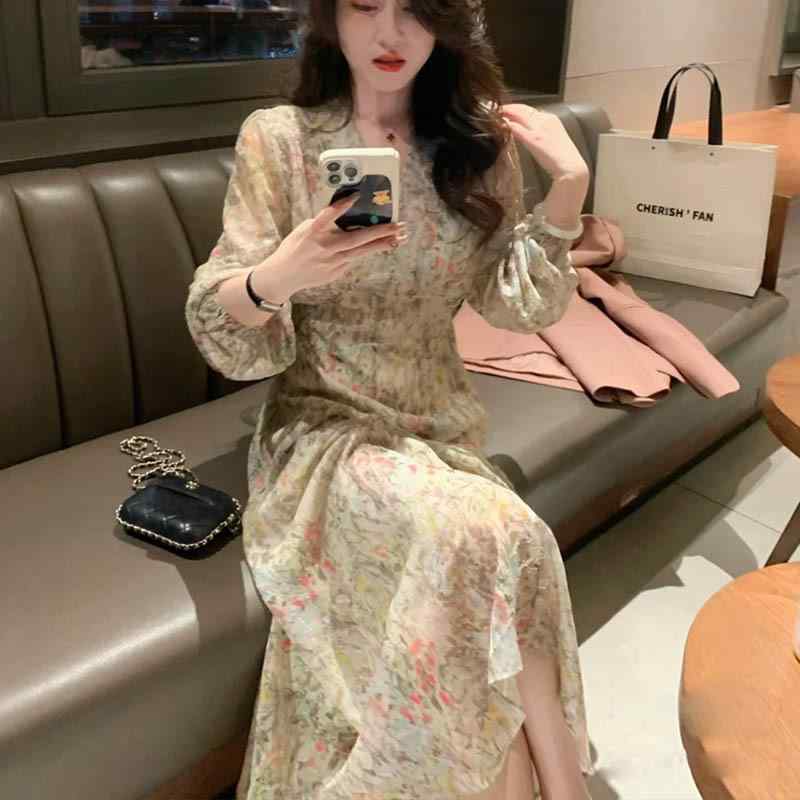 ワンピース レディース 春夏 花柄 ロング丈 韓国風 Vネック パフスリーブ ギャザー ウエスト切り替え Aライン 妖精 森ガール ビーチ リゾート