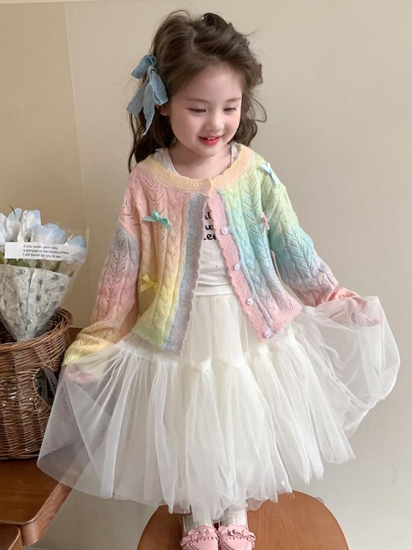 ニット カーディガン キッズ 女の子 子供服 彩虹柄 レインボー 春 秋 長袖 丸首 ポリエステル 80％ 100cm 110cm 120cm 130cm 140cm かわいい 普段着 韓国風