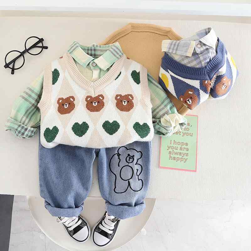 子供服 セットアップ 春秋 格子柄 シャツ + デニムパンツ + クマモチーフ ニットベスト 3点セット かわいい ベビー 男の子 女の子 幼児 普段使い
