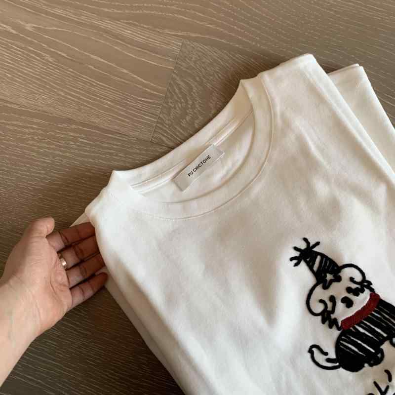 Tシャツ レディース かわいい 犬柄 刺繍 磨毛 ラウンドネック 半袖 トップス 海?灰 ??白 私服名媛風