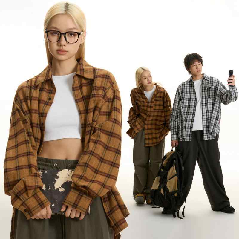 シャツ メンズ 男性用 格子柄 長袖シャツ ゆったり 普段使い 韓国風 ポリエステル 黒 ブラック ブラウン系 春秋