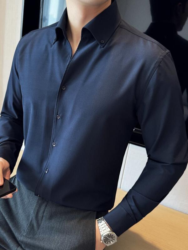 シャツ メンズ 男性用 長袖 カッターシャツ ポリエステル スキッパー ストレッチ 無地 春秋 スマートカジュアル 通勤 ビジネス
