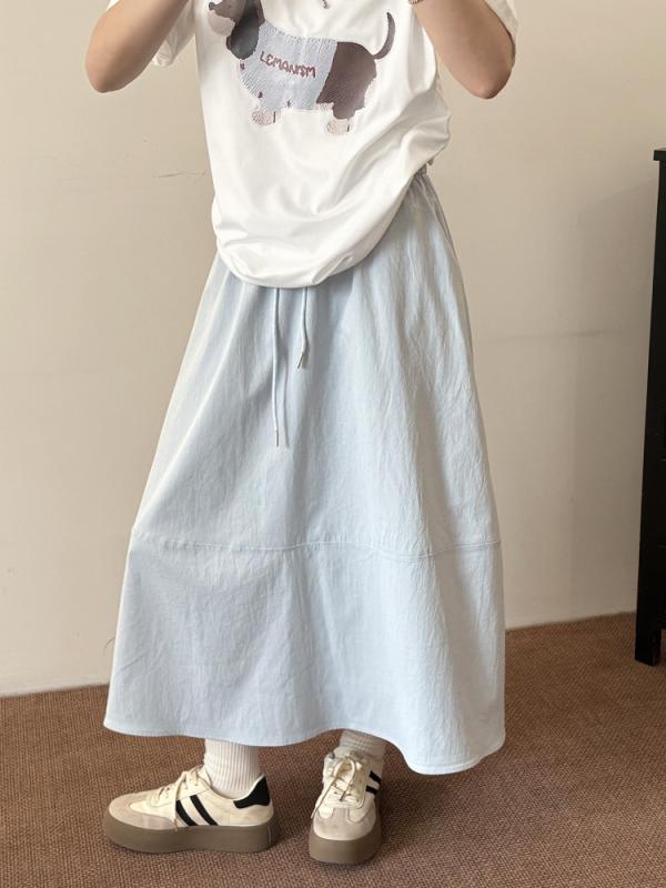 スカート レディース Aライン 春夏 ポリエステル 韓国風 ミモレ丈 フレアスカート 切り替え 伸縮性 吸湿速乾 ブルー 紺 グリーン ブラック