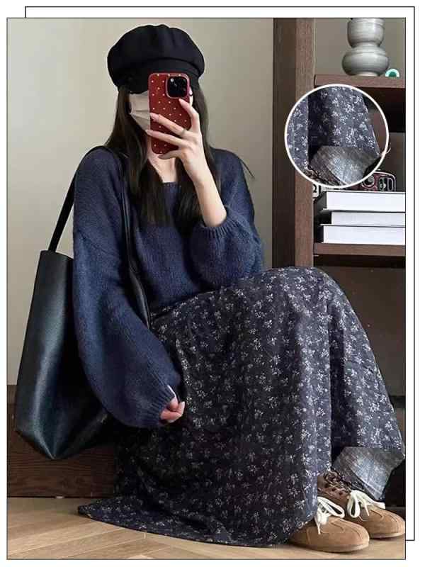 スカート レディース 春夏 Aラインスカート フラワープリント ミモレ丈 ハイウエスト 聚??? かわいい エレガント 通勤着 普段使い ネイビー S M L XL