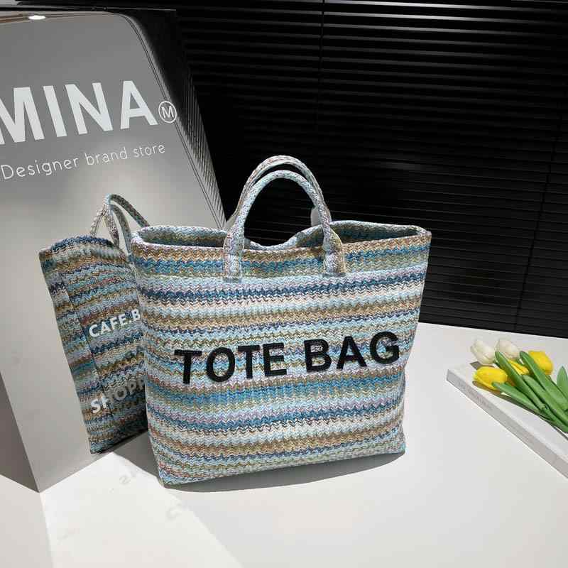 トートバッグ レディース ラフィア ストライプ 大容量 刺繍 草編み ビーチバッグ 鞄 肩掛け カバン カジュアル 旅行 リゾート 春夏 カーキ色 カラフル