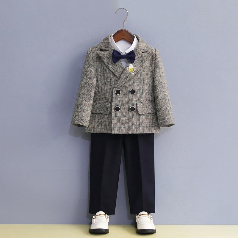 キッズ フォーマル スーツ 3点セット 結婚式 発表会 男の子 子供用 ジャケット パンツ シャツ グレー 格子柄 蝶ネクタイ付き 80 90 100 110 120 130 140 150 春秋冬