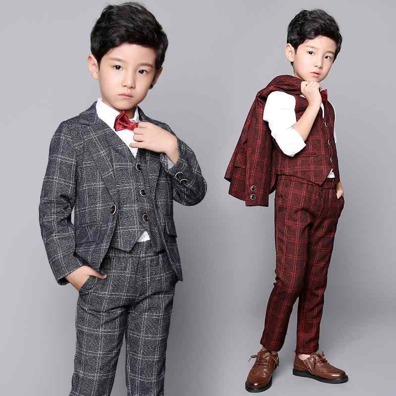 キッズ フォーマル スーツ 男の子 子供用 タキシード 3点セット (ジャケット ベスト パンツ) 入学式 卒業式 結婚式 発表会 七五三 チェック柄 英国風 長袖 春秋 薄手 グレー レッド 90 100 110 120 130 140 150 160｜シャドーテール