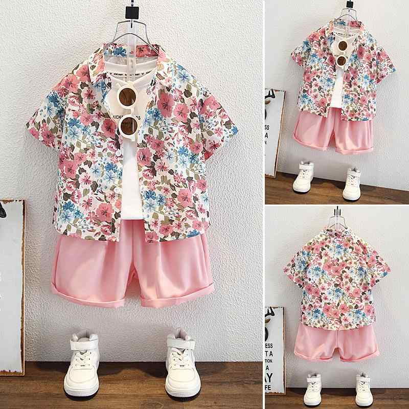 キッズ 男の子用 半袖シャツ ショートパンツ セットアップ 子供服 花柄 韓国風 薄手 夏