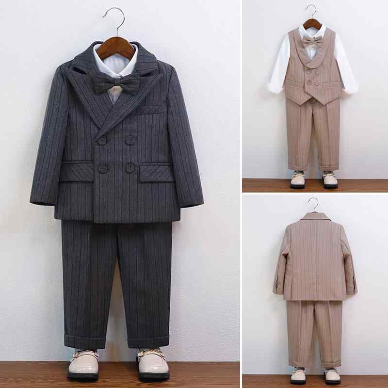 子供用フォーマルスーツ 男の子用 小学生 発表会 演奏会 入学式 卒業式 結婚式 紳士風 ジャケット ベスト パンツ 蝶ネクタイ付き グレー系 ベージュ系 春秋 Vネック ポリエステル ストライプ柄