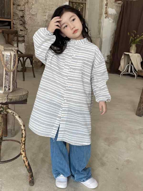 ワンピース ガールズ 秋物 ストライプ柄 カジュアル シャツワンピース ミドル丈 長袖 綿 子供服 韓国風 かわいい 普段着