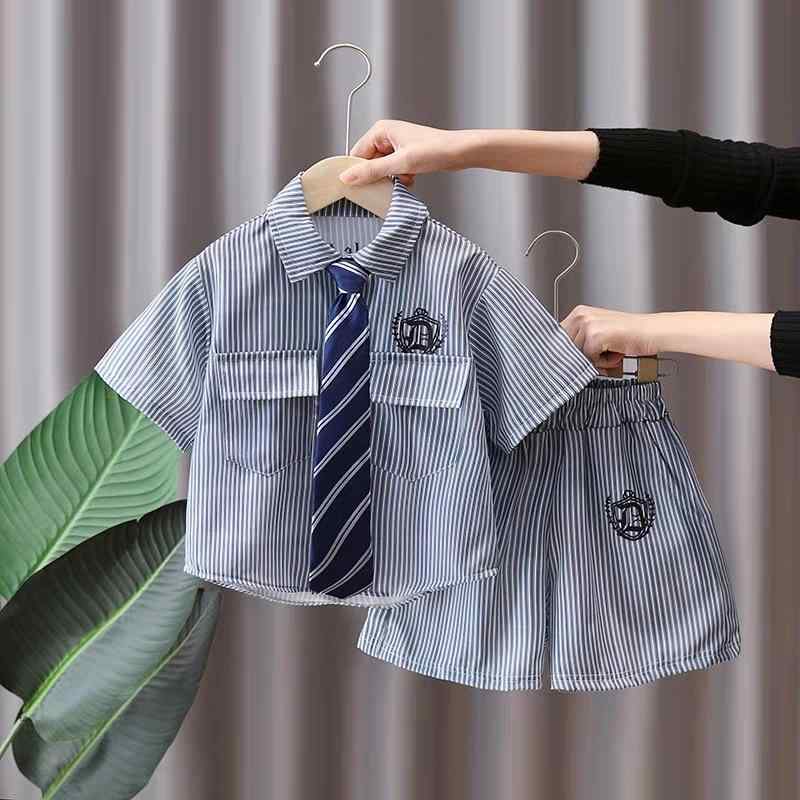 キッズ ストライプ柄 半袖シャツ セットアップ 子供服 男の子 フォーマル 薄手 学院風 夏 2点セット