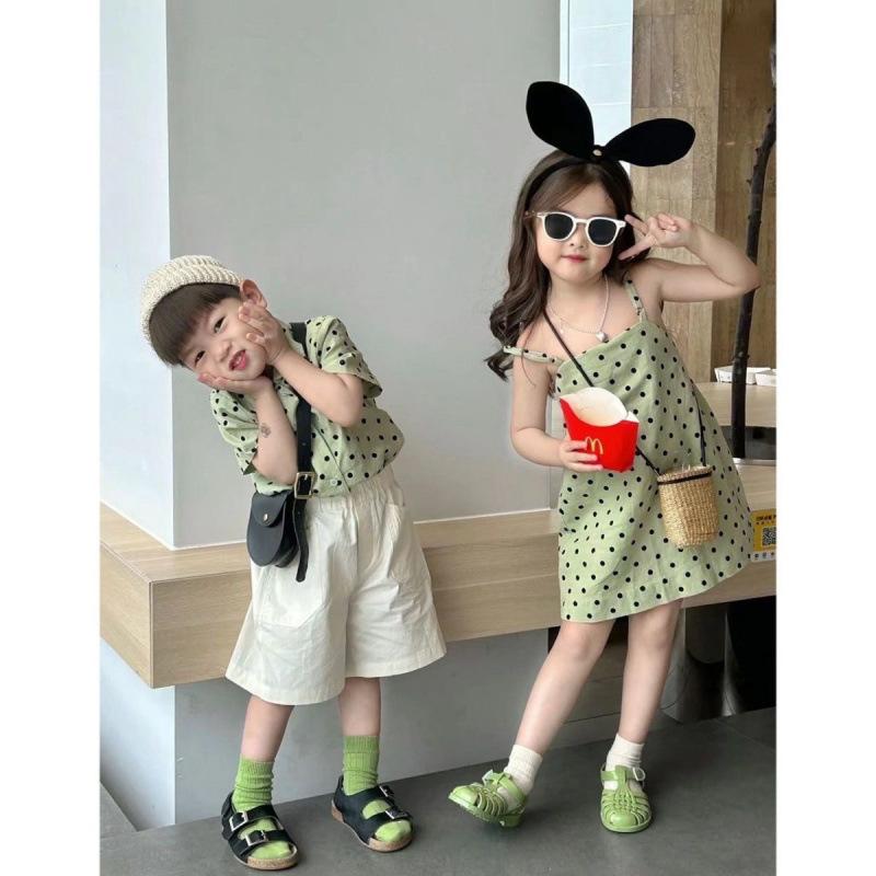 キッズ 女の子 ドット柄 ワンピース 男の子 半袖シャツ ハーフパンツ 上下セット 薄手 夏服 韓国子供服 兄弟 姉妹 コーデ 綿91% かわいい 普段使い 部屋着