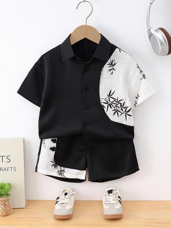 キッズ 男の子用 半袖シャツ & 短パン セットアップ 薄手 ポリエステル ブラック & ホワイト 切り替え 普段着