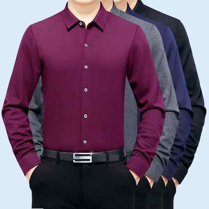 シャツ メンズ 男性用 カシミヤ100% 長袖シャツ 秋冬 厚手 無地 形態安定 ビジネス カジュアル 普段使い 40代 50代 60代 黒 紫 深グレー