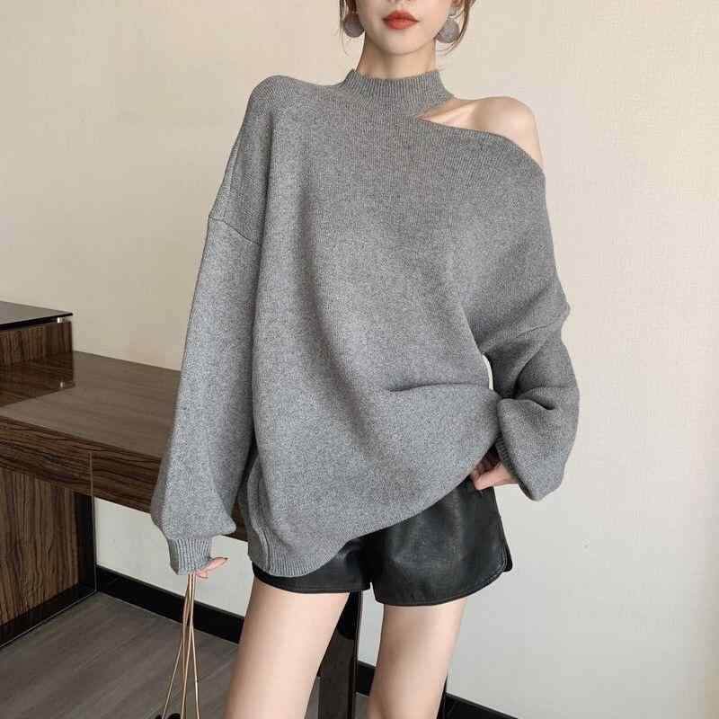 ニット レディース 秋冬 プルオーバー チュニック ゆったり 長袖 肩出し ラウンドネック ドロップショルダー オーバーサイズ 体型カバー 伸縮性 あったか 普段使い 通勤 韓国風 かわいい グレー ブラック ベージュ