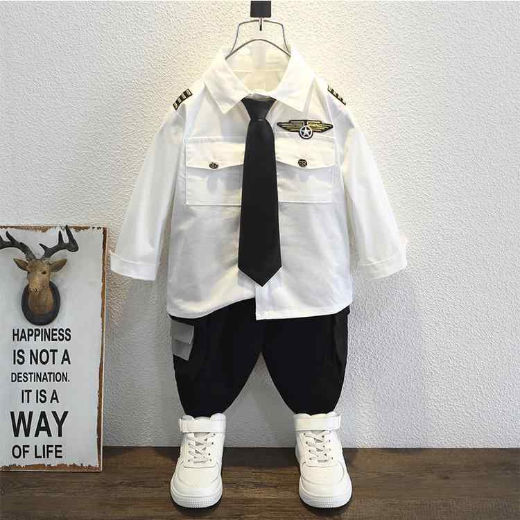 子供服 セットアップ 男の子 パイロット 制服風 春夏 半袖 長袖 シャツ 短パン 上下セット 綿 柔らかい 快適 ボーイズ キッズ 90 100 110 120 130 140 150 160 グリーン ブラック