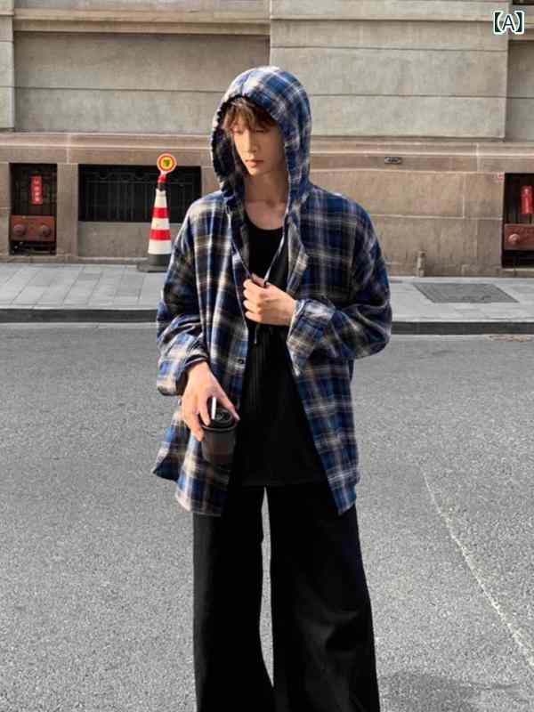 シャツ メンズ 春秋 格子柄 長袖 フード付き カジュアル トップス ゆったり アウター 普段使い 韓国風 ストリートファッション ポリエステル ブルー