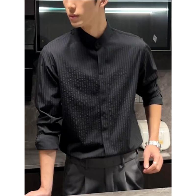シャツ 男性用 トップス ストライプ柄 接触冷感 長袖 春秋 ポリエステル混紡 普段使い リラックス 開襟 ブラック
