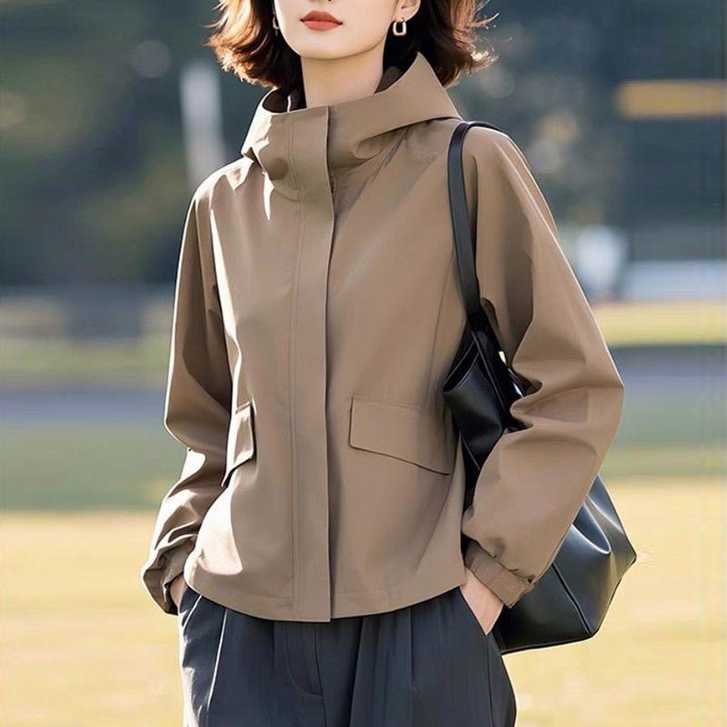 レディース 春夏 ジャケット コート フード付き ショート丈 ゆったりシルエット スリム効果 超長袖 紫色 ・柑其色 ブラック ポリエステル ?? 裏地付き 都市風 通勤スタイル 気質 軽量 吸湿速乾 日常使い