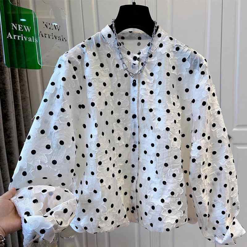 シャツ 女性用 長袖 薄手 ポルカドット デザイン 切り替え 皮革 春夏 超短丈 ルーズフィット ラウンドネック 白色 かわいい 気質 通勤 スタイル 軽量 吸湿速乾 再生繊維