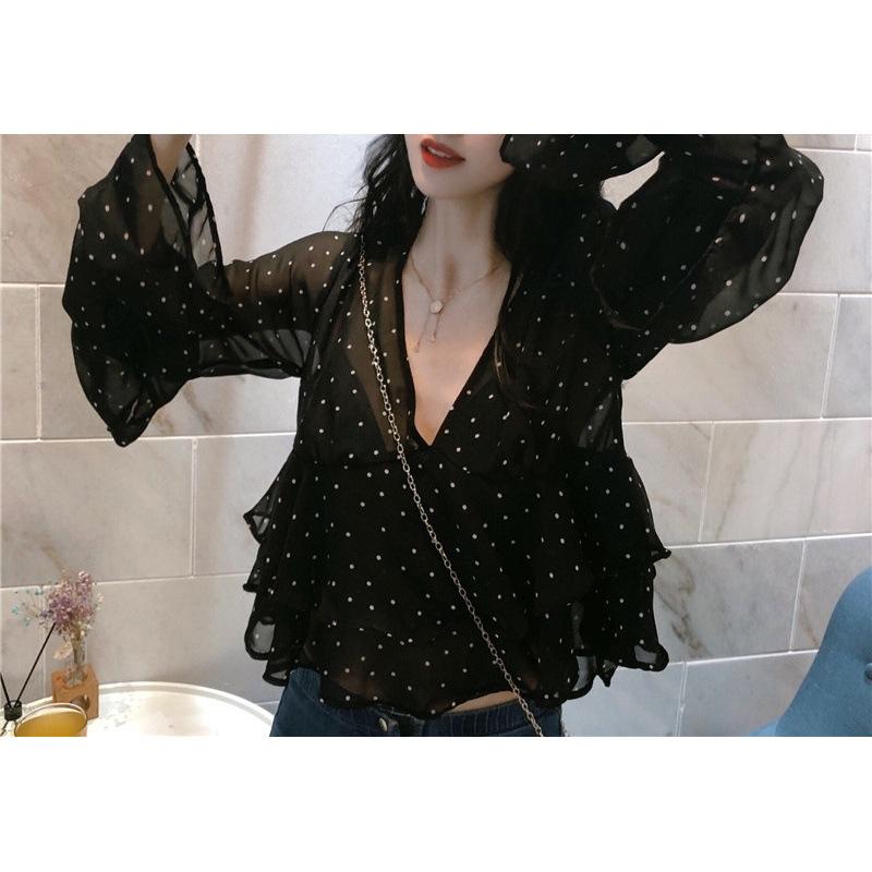 レディース ブラウス 夏 雪紡 トップス Vネック フリル ドット柄 シフォン 長袖 ラッパ袖 黒 ワインレッド 接触冷感 軽量 通勤 普段使い 都市 カジュアル 女性用 上衣 シャツ ブラウス 気質 褶? 木耳辺 ?合 都市風貌 気質通勤 セットアップ 4,728円