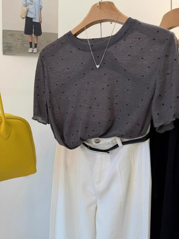 Tシャツ 女性用 夏 短袖 丸首 ポルカドット柄 透気性 薄手 ゆったりシルエット 気質 通勤スタイル 接触冷感 吸湿速乾 切り替えデザイン ブラック ピンク系 アイボリー