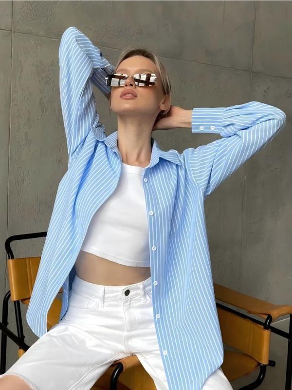 ロングスリーブカーディガン 女性用 春夏 ストライプ柄 開き前 コットン混 ポリエステル素材 ゆったりシルエット 中長丈 ターンカラー ボタン留め 日韓カジュアル 軽量 吸湿速乾 ロイヤルブルー ピンク ライトブルー ホワイト ブラック レッド ライトグ