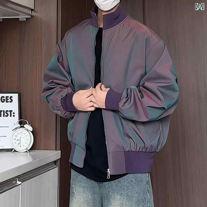 メンズ フライトジャケット MA1 立領 ルーズフィット ジッパー 紫 緑 黒 化繊混紡 ポリエステル ナイロン 春秋 秋冬 日常 ストリート ファッション トップス コート アウター 軽量 伸縮性 通勤 普段使い 男性用