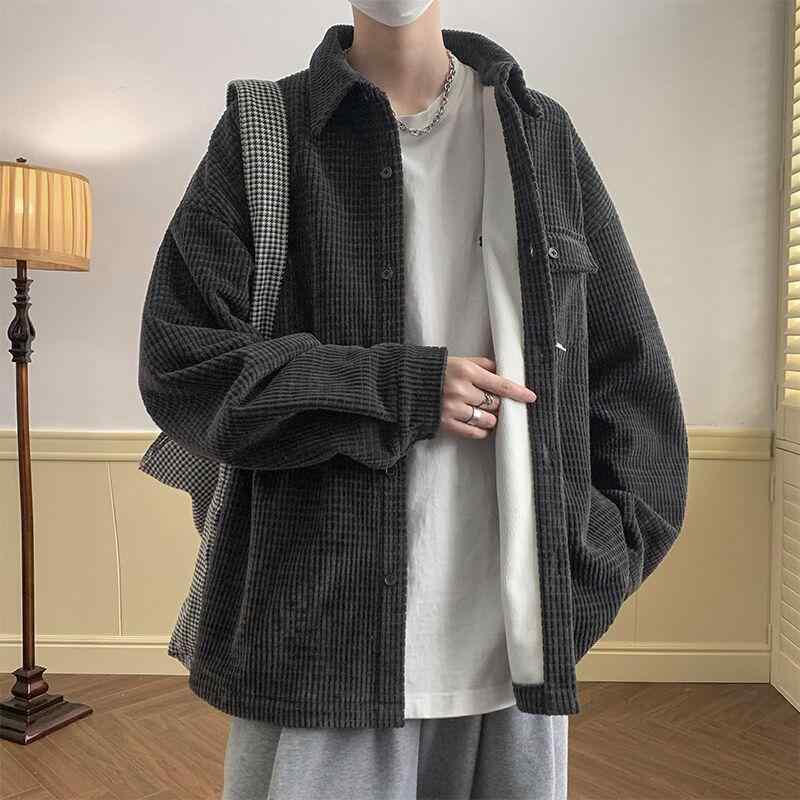 メンズ 長袖 シャツ コットン調 コーデュロイ ブラック トップス 厚手 加厚 保暖 冬 秋冬 ウィンター ワイド ルーズ フィット スクエア ネック ソリッド カラー ポケット ディテール ゆったり シルエット 機洗い 可能 免? 加工 ポリエステル